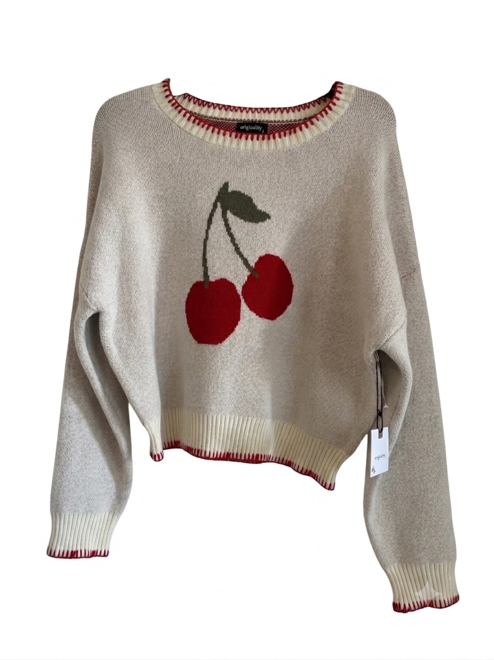 Originality Cream Cherry Knit Crop Sweater Avant Garde Size M Oversized Coquette